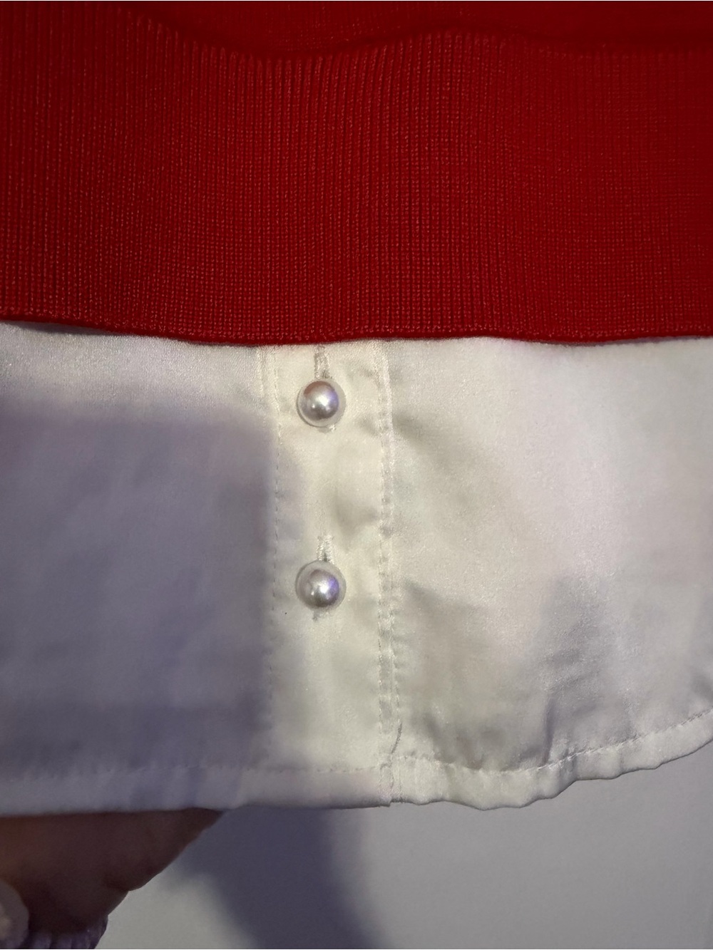 Adrianna Papell Red Knit Top with Pearl-Studded Ivory Collar - Picture 5 of 8